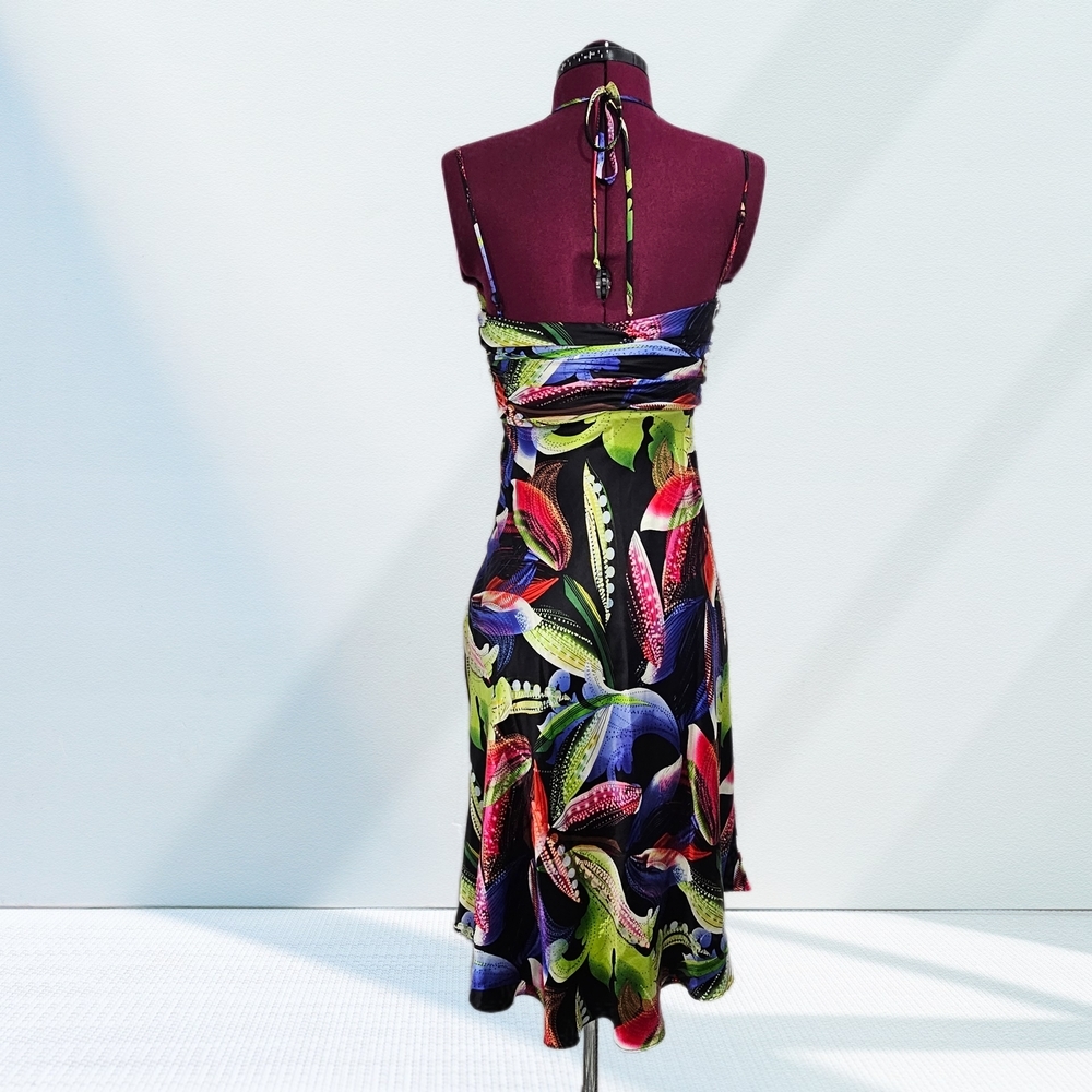 Y2K Cache Vintage 100% Silk Party Bright Colorful Floral Halter Midi Dress - Picture 4 of 15